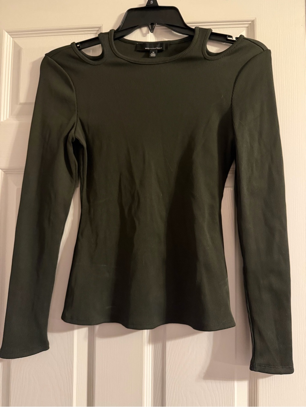 White House Black Market Olive Cold-Shoulder Ribbed Long Sleeve Top